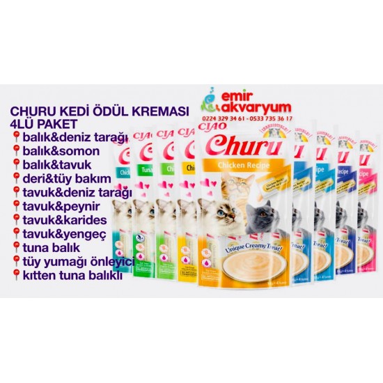 CHURU YAVRU KEDİ ÖDÜLÜ - DERİ TÜY BAKIM TUNA BALIK 4*14 GR -  USA 671 PKT 6 Lİ.