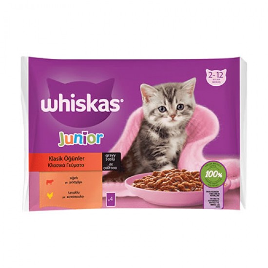 WHISKAS YAVRU KEDİ KONSERVE - KLASİK SIĞIR TAVUK 4*85 GR.